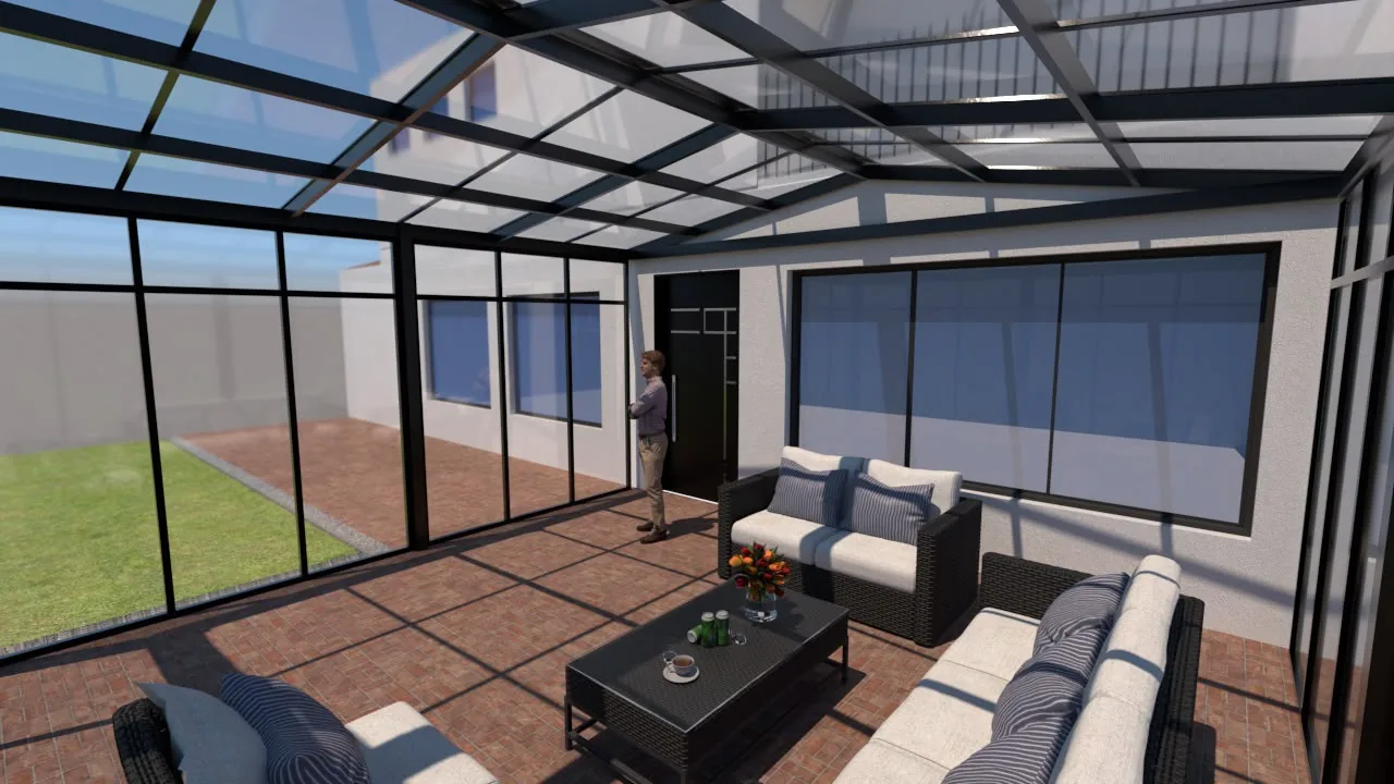 Render 3D de cerramiento de terraza en vidrio con vista interior amoblada