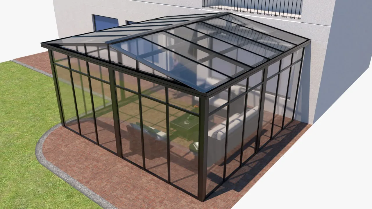 Render 3D de cerramiento de terraza en vidrio y estructura negra sobre jardín